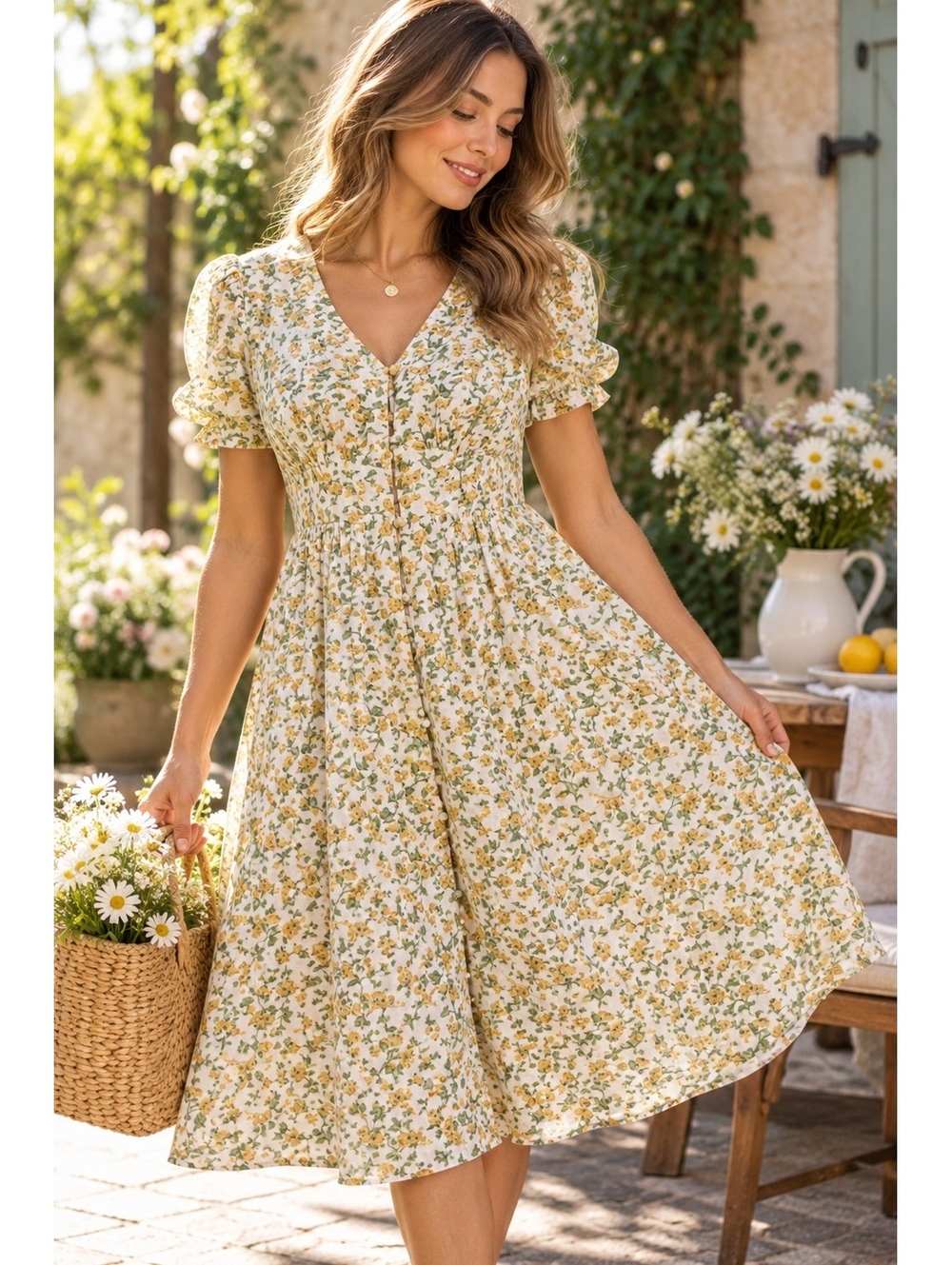 JAPNA Floral Dress M Linen Blend Puff Sleeve Button Front Cottagecore Prairie
